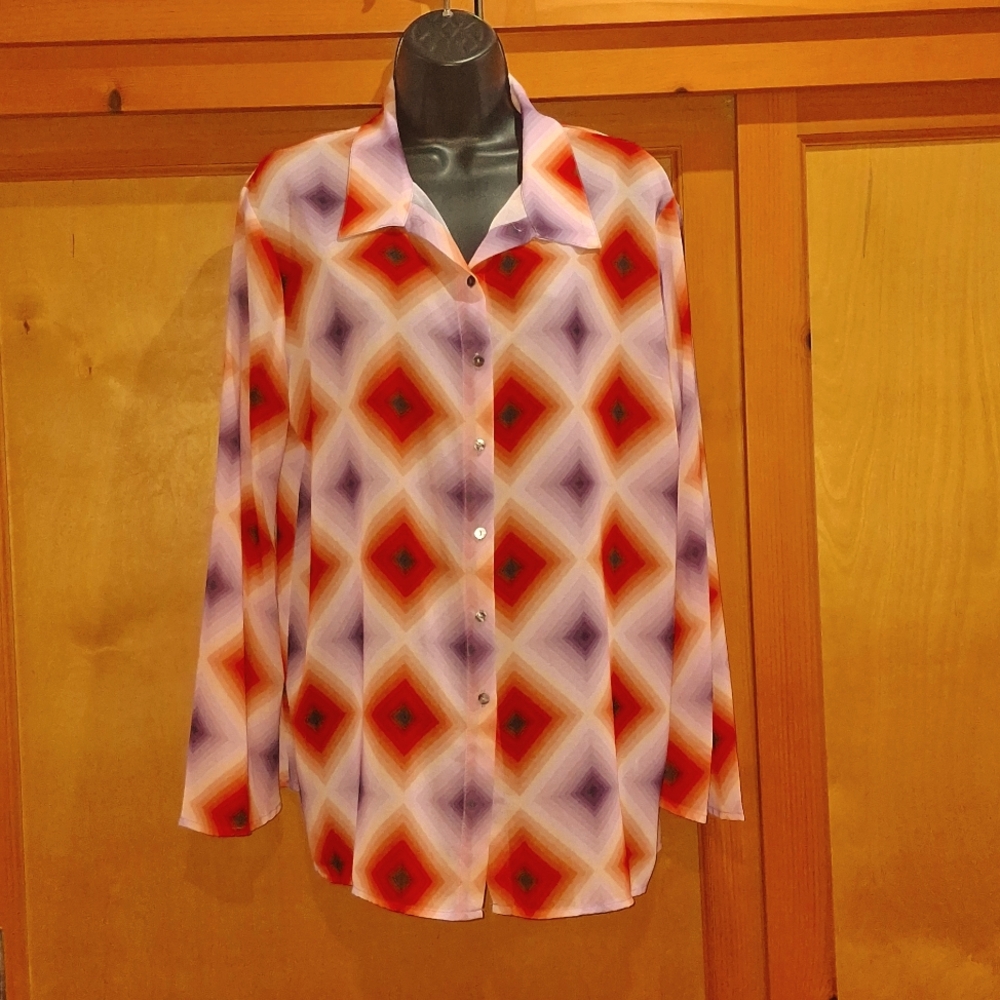 Isalis size S button down blouse in orange and purple.